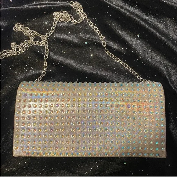 Iridescent silver metallic, rhinestoned clutch bag w/chain - Jessica McClintock - Picture 2 of 4